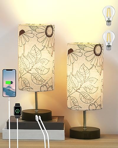 Lanmonlily Lámpara Mesita Noche Táctil 2 Piezas Regulable 3 Niveles de Brillo, Puerto de carga tipo C+USB-A, Pantalla de tela con base metálica, 2 Bombillas incluidas, Lampara de Noche Dormitorio