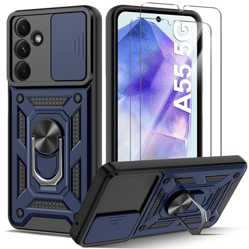 Guisessy für Samsung Galaxy A55 5G Hülle, Samsung A55 Handyhülle Kameraschutz Slide Camera und 2 Stück Schutzfolie, Drehbarer Fingerring Ständer Militärqualität Stoßfest Schutzhülle - Blau