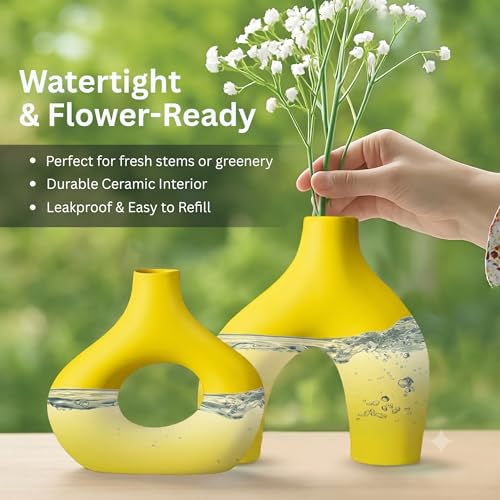Image of PUREZENTO Abstract Yellow Ceramic Donut Vase 5.4 & 7.7 Inch - Set of 2 | Decorative Unique Modern Vase for Dried Flowers & Pampas Grass | Vases for Modern Home Decor, Living Room, Office Decor Ideas