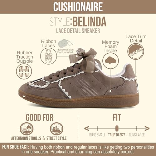Image of CUSHIONAIRE Belinda Women's Lace Detail Casual Sneakers - Elegant Ribbon Lace-Up Shoes with Memory Foam