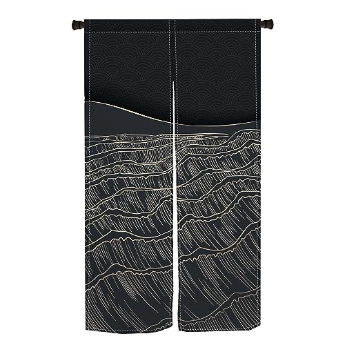 Qinunipoto 暖簾 和風 波柄 黒 のれん シンプル風 幅72cm丈120cm インテリア 出入り口 目隠し おしゃれ すだれ 遮光 部屋 間仕切りカーテン 門カーテン ポリエステル製 オーダー可 簡単取付 四季兼用