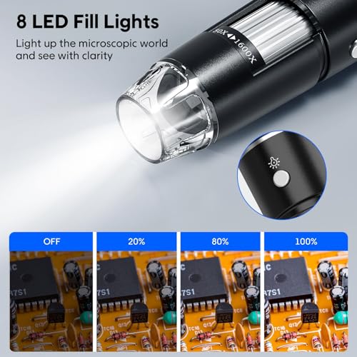 Image of USB Digital Microscope, 50x-1600x Magnification Handheld, 1920P HD 8 LED Lights, Portable Pocket Microscope, Compatible with iOS and Android Devices, +2MP Magnifier Camera, No PC Support (with Stand)