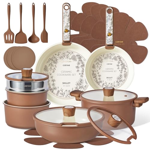 Image of CAROTE 25-Piece Ceramic Cookware Set, Nonstick Pots and Pans Set with Detachable Handle, Non-Toxic Kitchen Cooking Set, Dishwasher & Oven Safe, Induction Compatible, PFAS Free, Chocolate