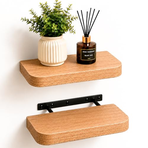 Image of Innoteck Floating Shelves Wall Mounted Set of 2, 40cm Wooden Floating Shelves with Hidden Brackets, Rounded Edge Wall Shelves for Living Room, Bedroom, Bathroom, Kitchen Shelves (Oak)
