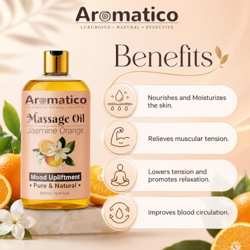 Image of AROMATICO Jasmine Orange Massage Oil. Sensual Oil for Date Nights & Mood Upliftment. Intimate, Romantic Massage Oil for Couples. Non-sticky, 100% Natural - 300ml Pack of 2