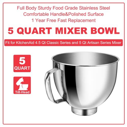 Image of Wiselet 5 Quart Stainless Steel Mixing Bowl for KitchenAid 4.5 & 5 Qt Tilt-Head Stand Mixer, 18 /8 Food-Grade Secondary Extra Bowl for Artisan Classic Series, Large Capacity for Meal Prep & Baking