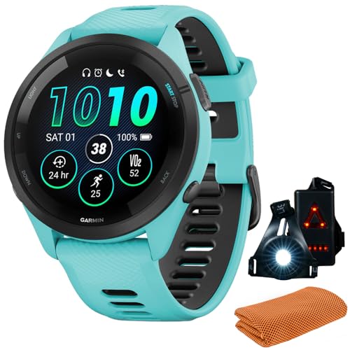 Garmin 010-02810-02 Forerunner 265 GPS Smartwatch, aguamarina/negro, modelo oficial de Estados Unidos, paquete con toalla deportiva de refrigeración de entrenamiento + luz de seguridad delantera y