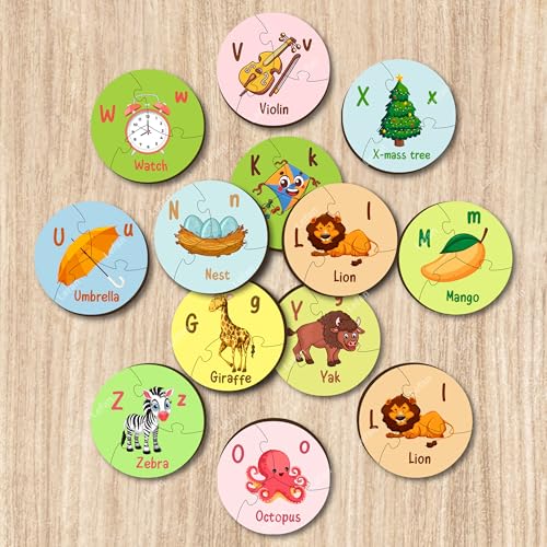 Image of Lefan Round Alphabet Jigsaw Puzzle for Kids Educational ABC Learning Toy 26 Piece Circular Puzzle Preschool Montessori Game Colorful Wooden Letters Toddlers Age 2 3 4 5 Years