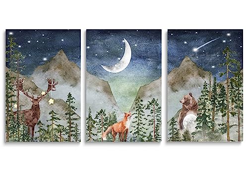 Image of SKYSUKEY Boho Nursery Wall Decor, Wild Forest Kids Wall Art, Dark Blue Star Night Moon Netural Mountain Wall Art, Fairy Animals Nursery Decor, Nature Prints for Boy Girl, Set 3 Framed, 16"x24"