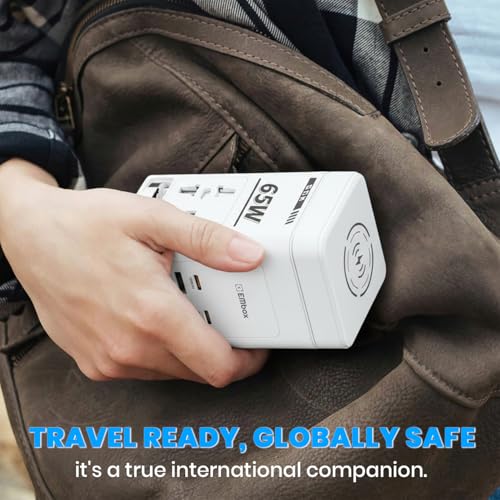 Image of Embox 7-in-1 Gan Charger 65W Fast Charger | Type C USB 2 AC Sockets (2500W) Wireless Fast Charging | Multi-Port Desktop Charger for Laptop, iPhone, Android, Portable Charging Station, White