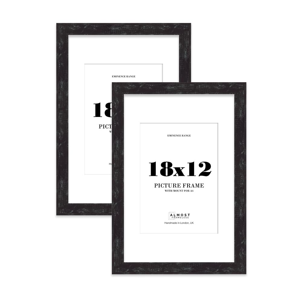 18x12" Distressed Black Picture Frame with A4 Mount - Aged Photo Frame with Distressed Finish, Wall Hooks, 32mm Edge - 2 Pack