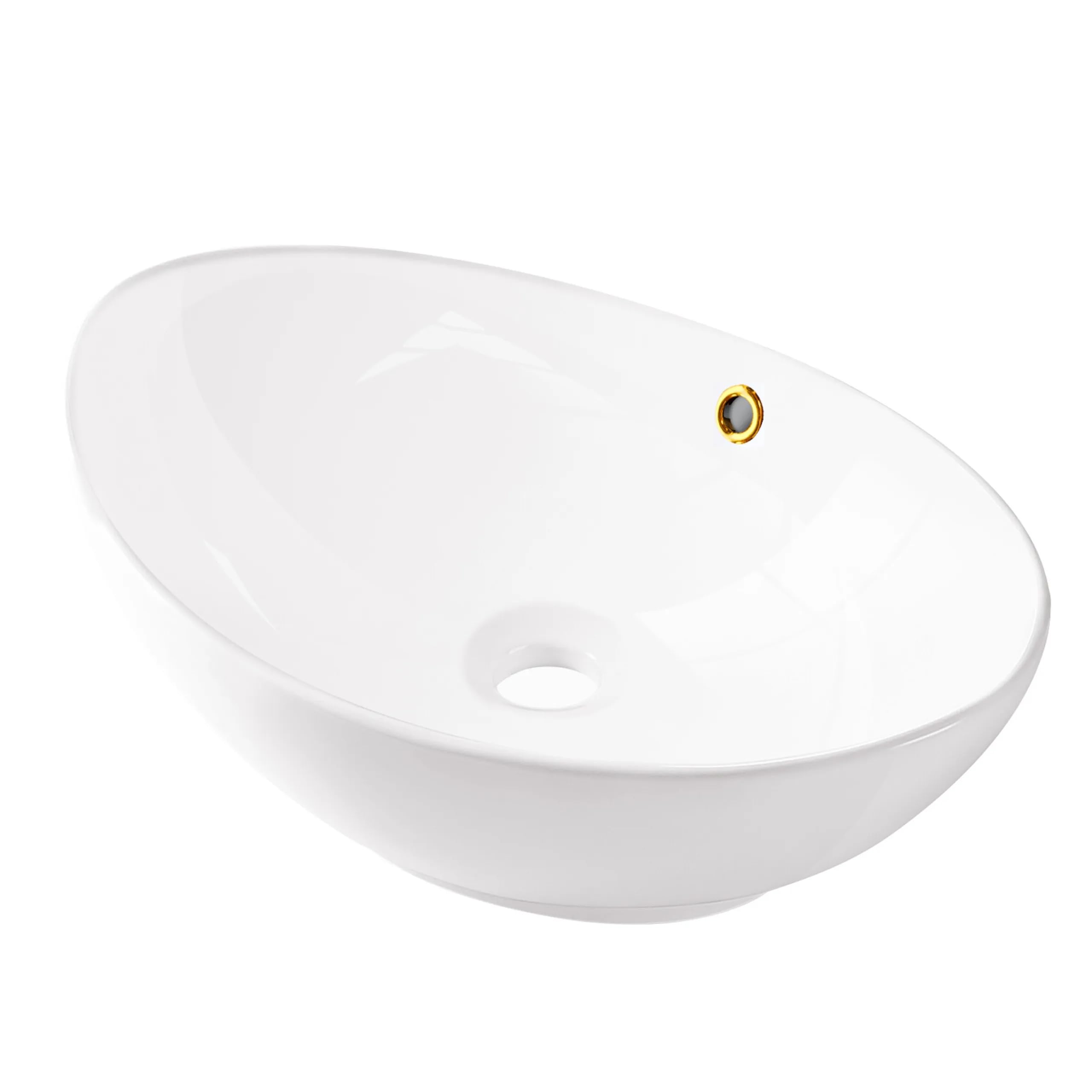 AQUAUNO Lavabo da appoggio MAYA, 59 x 39 cm, ovale, in ceramica bianca, senza foro per rubinetto, con troppopieno, oro, sanitari bagno