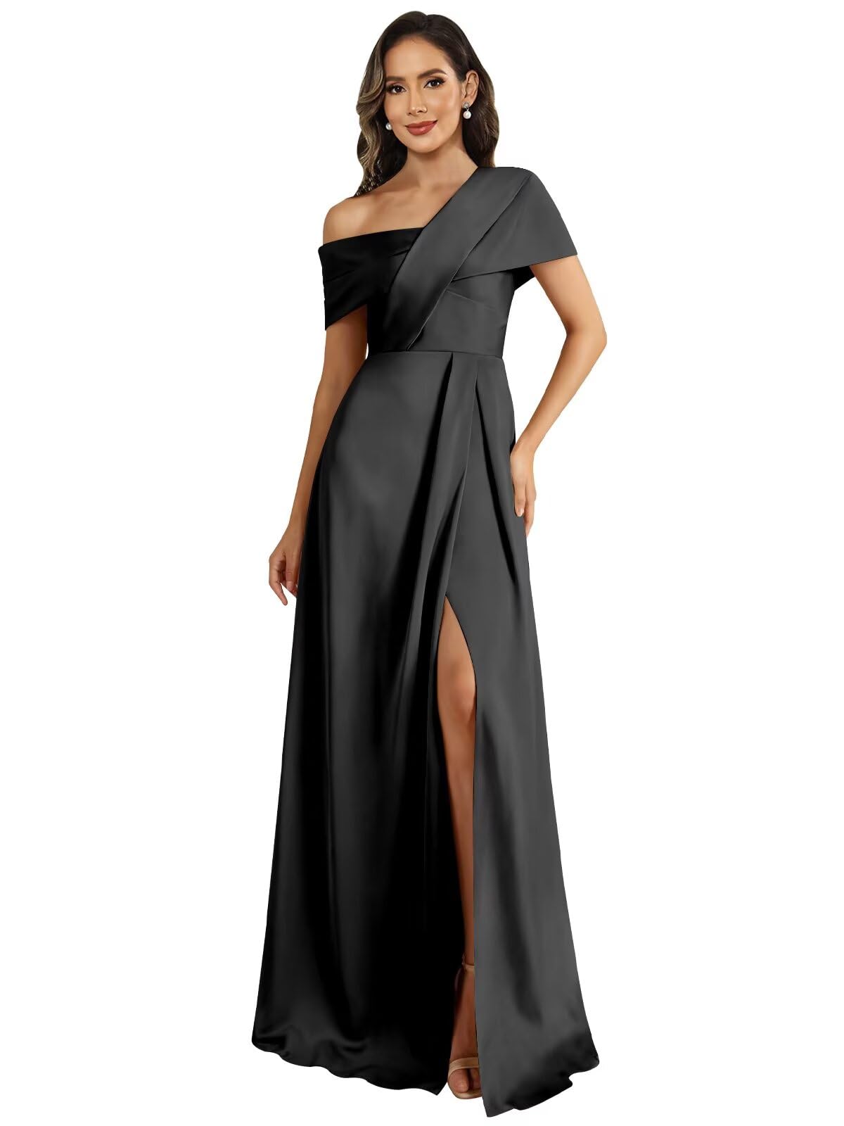 One Shoulder Mother of The Bride Dresses for Women Satin Long Slit A Line Formal Wedding Guest Dress