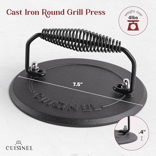 Image of Cast Iron Skillet + Grill Press + Scraper Set - 12 inch-inch Pre-Seasoned Frying Pan + Silicone Handle Grip - 7 inch Round Burger Smasher - Indoor /Outdoor, Stove, Oven, Grill, Induction Kitchen Cookware