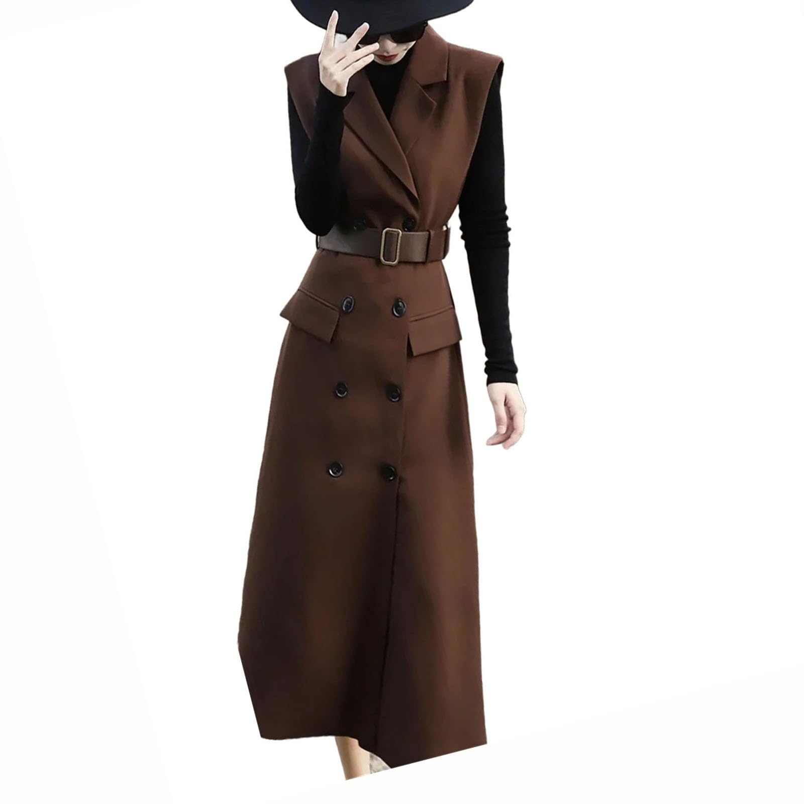 Womens Long Vest Dress Spring Temperament Double Breasted Sleeveless Suit Vest Dress Waistcoat