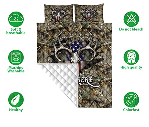 OhaPrints Custom Deer Hunter Hunting Camo Camouflage Pattern Us Flag Personalized Name Quilt Blanket & Pillowcases, Bedding Set & Pillow Cover, King Queen Double Twin Throw Full Size Bedspread Bed
