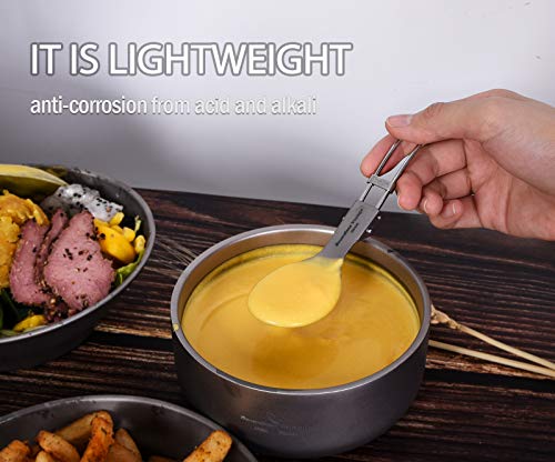 iBasingo Camping Cutlery Set Titanium Folding Spoon Fork Soup Rice Spoon Outdoor Travel Portable Tableware Small Lightweight Flatware Business Trip Picnic Hiking Fishing Dinnerware with Pouch Ti1024T - Image 3