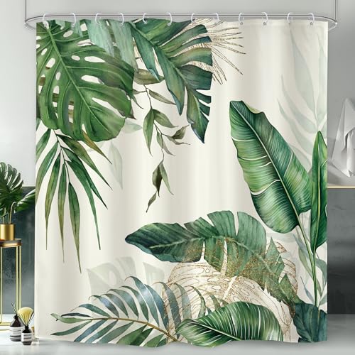Omifly Tropical Leaves Shower Curtain 72Wx72H Inch Green Gold Palm Tree Leaf Banana Monstera Jungle Plant Hawaii Botanical Nature with 12 Plastic Hooks Fabric Waterproof Toilet Accessories Decor
