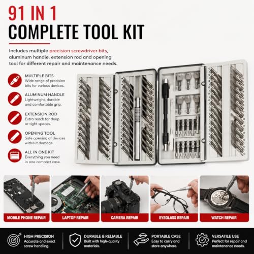 Image of Spartan 91 in 1 Precision Screwdriver Tool Set | Multi-Purpose Magnetic Repair Kit with Aluminum Handle, Extension Rod & Bits for Mobile, Laptop, Watch, Camera & Electronics