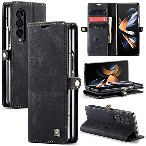 EYZUTAK Wallet Case for Samsung Galaxy Z Fold 4, Retro Matte Premium Protective Leather Case with RFID Blocking 3 Card & 1 Cash Slot Viewing Stand Magnetic Closure TPU Shell Flip Cover - Black