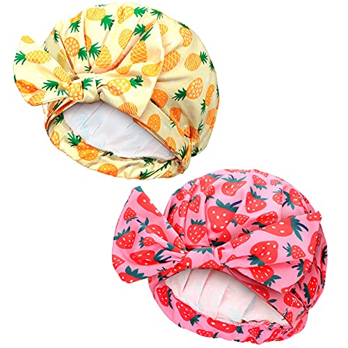 2 Pieces Shower Caps Waterproof Bowknot Bathing Caps Reusable Shower Hats Multi-functional Shower Hair Caps for Women Girls (Pineapple, Strawberry)
