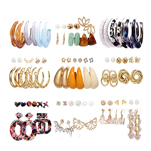 45 Pairs Gold Earrings Set for Women, Fashion Drop Dangle Earrings Statement Vintage Acrylic Hoop Pearl Studs Hypoallergenic Earrings Multipack for Valentine's Day Gifts