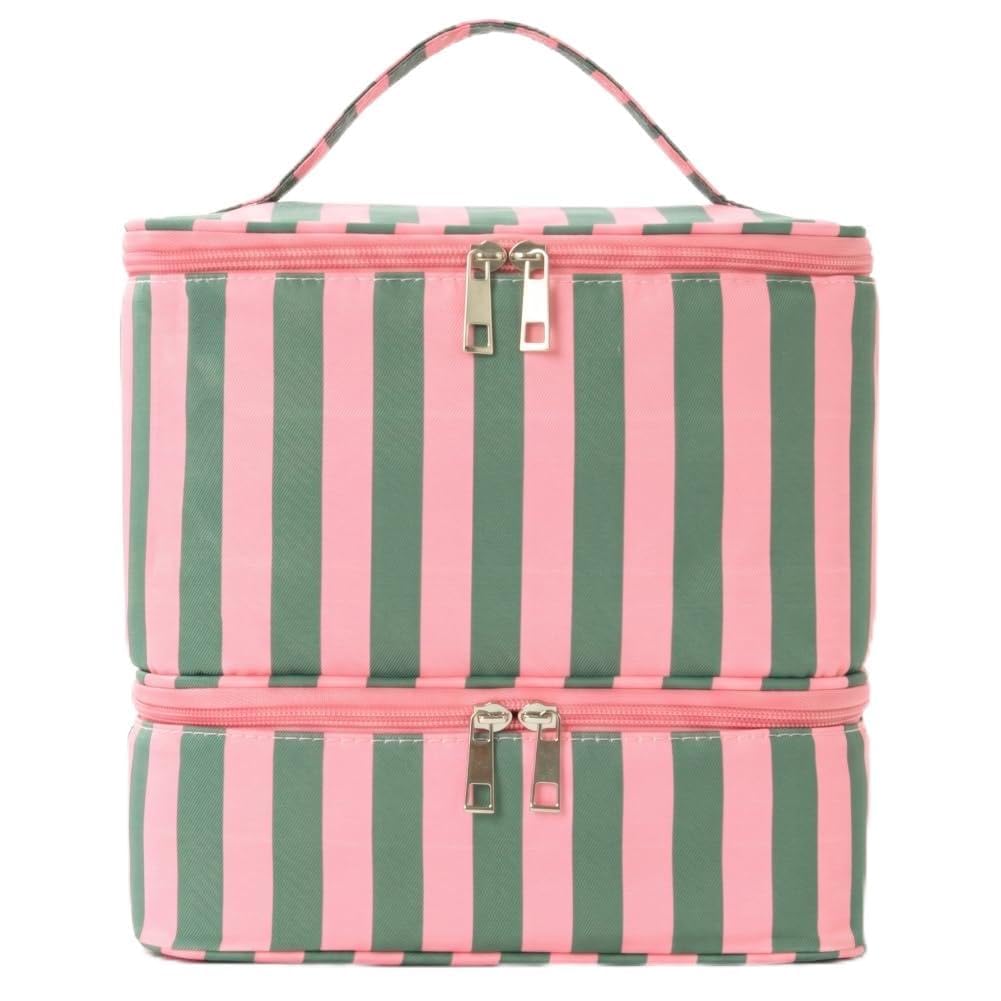 Borsa organizer per smalti, organizer a doppio strato con scomparti multipli, borsa per kit unghie di grande capacità, a strisce verdi e 1