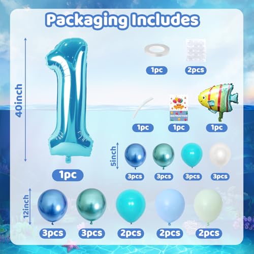 Image of Blue Number 1 Balloon 40 Inch Ocean Under the Sea Number One Foil Balloons Tower with Shark Bubble Fish for Boys First 1st Birthday Party Decor Green Underwater Digital Aluminum Balloons Stack