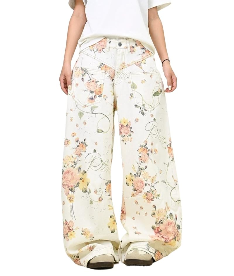 Unisex Y2k Vintage Floral Print Reversed Pockets Baggy Wide Leg Jeans Hiphop Harajuku Loose Boyfriend Denim Pants