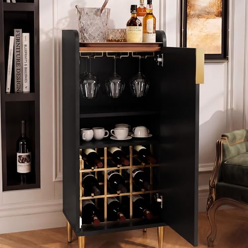 Image of ARTPOWER Mini Bar Cabinet for Apartment, Fluted Wine Bar Cart with Wine Racks & Wine Glass Holder, Modern Corner Liquor Cabinet for Living Room, Dining Room, Kitchen(Black)-2PCS