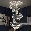 Siljoy Modern Foyer Chandeliers for High Ceiling, Large Staircase Chandelier with Spiral Sphere Design, Raindrop Crystal Chandelier Flush Mount Ceiling Light for Entryway Living Room W31.5 X H110