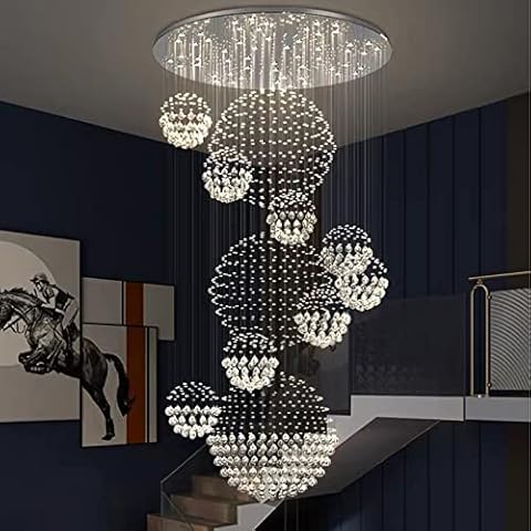 Siljoy Modern Foyer Chandeliers for High Ceiling, Large Staircase Chandelier with Spiral Sphere Design, Raindrop Crystal Chandelier Flush Mount Ceiling Light for Entryway Living Room W31.5 X H110 Cover
