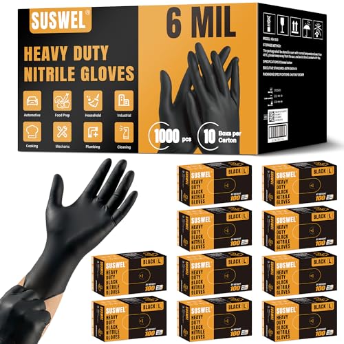 SuSWel Nitrile Gloves Disposable Latex Rubber Black Gloves Nitrile Latex Gloves Large Black Latex Rubber Disposable Gloves HEAVY DUTY 6 Mil Glove