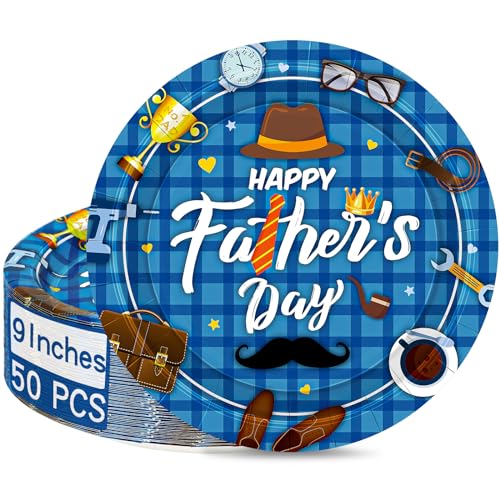 QZYL 50 PCS Father's Day Party Supplies, 9" Disposable Paper Plates, Happy Father's Day Party Plates Dessert Cake Dinner Plates Table Decor Dinnerware Tableware Set Decor