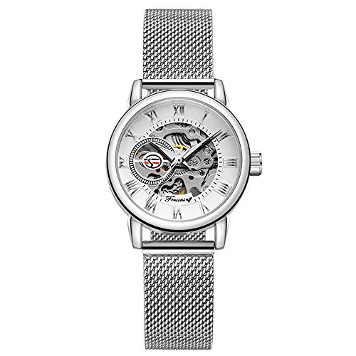 MG. ORKINA Montre mécanique Squelette Creux pour Femme avec Bracelet en Acier Inoxydable tressé (Argent et Blanc)