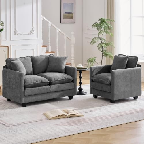 Image of Cloud 2 Pieces Sofa Set, 1+2 Seater Couch, Modern Sofas Sets with Deep Seat, Modular Sectional Couches Sets for Living Room, Bedroom, Small Apartment, Dark Grey