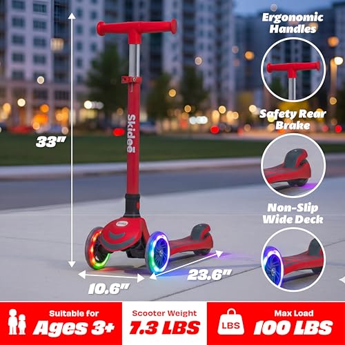 Image of SKIDEE Kick Scooter for Kids Ages 3-5 | Foldable 3 Wheel Scooter with Lean-to-Steer, Adjustable Height, Removable Seat & LED Light Wheels | Toddler Scooter Up to 12 Year Old Boys /Girls