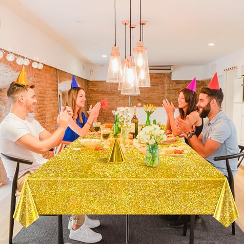Image of Just Shimmer 1 Pack Gold Holographic Tablecloth 40 x 108, Shiny Laser Iridescent Disposable Plastic Rectangle Table Cover for Birthday, Graduation, Wedding, New Year Christmas Party Decorations