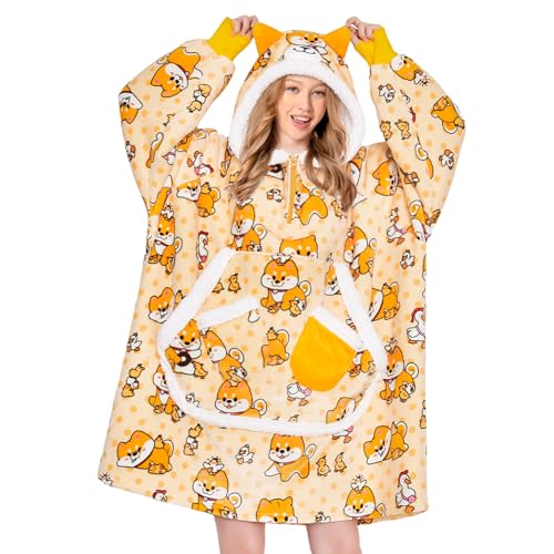 OLAOLA Übergroße Decke Hoodie für Erwachsene, Sherpa Fleece Tragbare Decke mit Ärmeln Taschen, Weiche Flauschige Deckenkapuze, Kuschelige Kapuzensweatshirt für Damen Herren (Shiba Inu)