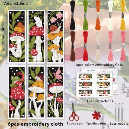 Image of ACRNIGHEET 6PCS Cross Stitch Bookmark Kit for Beginner Stamped Cross Stitch Kits for Adults Mushroom DIY Embroidery Bookmark Kits Needlepoint Kit with Instructions Hand Craft Gift 8.5''x3'' 11CT