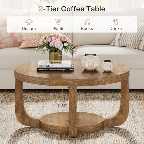 Image of Tribesigns Round Coffee Table, 2-Tier Circle Coffee Table with Storage, Modern Wooden Accent Center Table for Living Room, Thick Tabletop & Base (Rustic Oak)