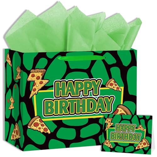 LeiGuoMinyyu Large Green Turtle Theme Birthday Gift Bag with Tissue Paper and Greeting Card Cartoon Turtle Birthday Party Favor Bags Kids Birthday Party Supplies