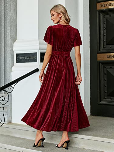 Image of Simplee Women's V Neck Velvet Maxi Dress Short Sleeve Empire Waist Long Formal Dress for Wedding Guest