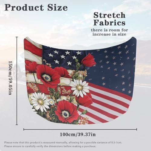 Image of American Flag and Red Poppy Hood Cover for Car SUV Sedan Truck, Waterproof Elastic Polyester Car Hood Protector, Patriotic Decorative Automotive Accessories for Summer
