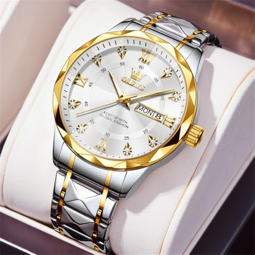 Image of OLEVS Watches for Men Luxury Diamond Casual Large Dial Watches Stainless Steel Waterproof Business Dress Analog Luminous Date Mens Watches