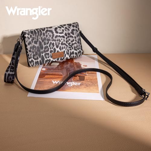 Image of Wrangler Leopard Print Womens Wristlet Wallet RFID Blocking Bifold Clutch Credit Card Holder Purse with Crossbody Strap