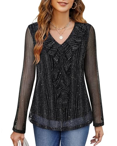 Gaharu Women's Dressy Blouses Long Sleeve Ruffle Shirts Casual Loose Fit Mesh Double Layers Flowy Tunic Tops2