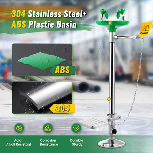 Image of Huanyu Emergency Eye Wash Station Floor Mount Adjustable Water Flow Stand Up Eye Wash Station Eyewash Stations Stainless Steel Eye Wash Units Factory (1202-1 Green)