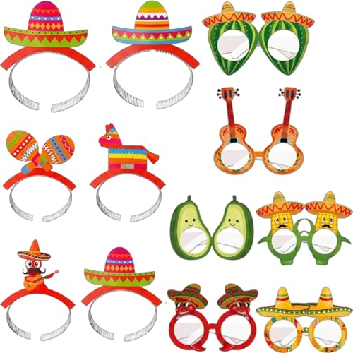 DNTHYRIN 12PCS Mexican Hats Fiesta Sombrero Hat Collection with Vibrant Headbands and Fruit Themed Party Supplies Mexican Hat Party Props Set