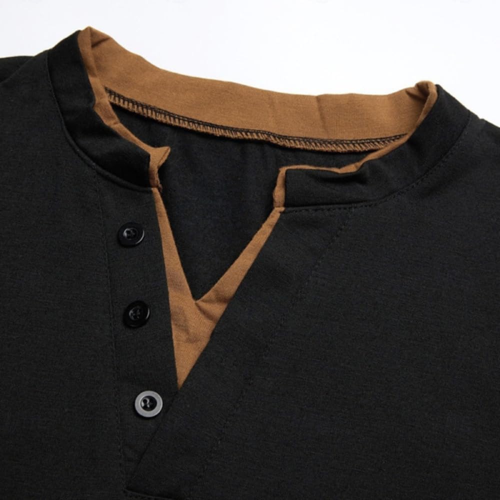 TOMITANY Mens V-Neck Pullover Button End Henley Shirts Long Sleeve Stand Collar Sweatshirts Fall Casual Patchwork Shirt - Image 2